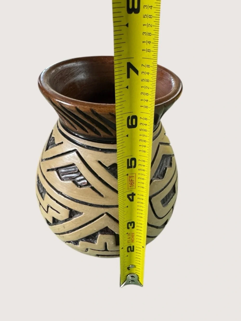 Hand Carved Mexican Redware Pottery Vase Tribal Marajoara Style Boho Decor